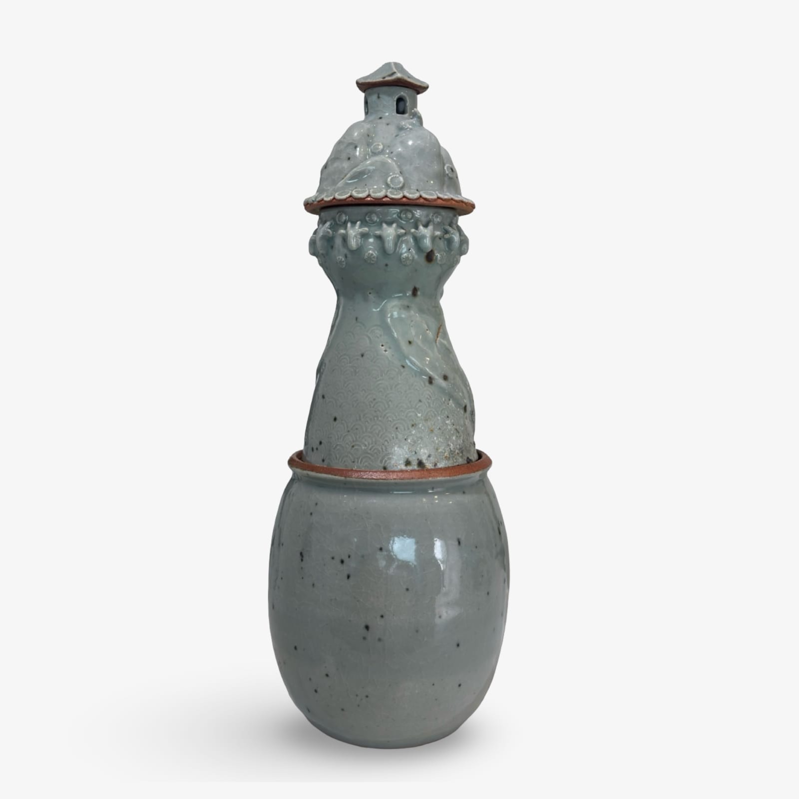 Jynsym Ong, Soul Jar (Blue celadon glaze with whale and goat heads), 2025