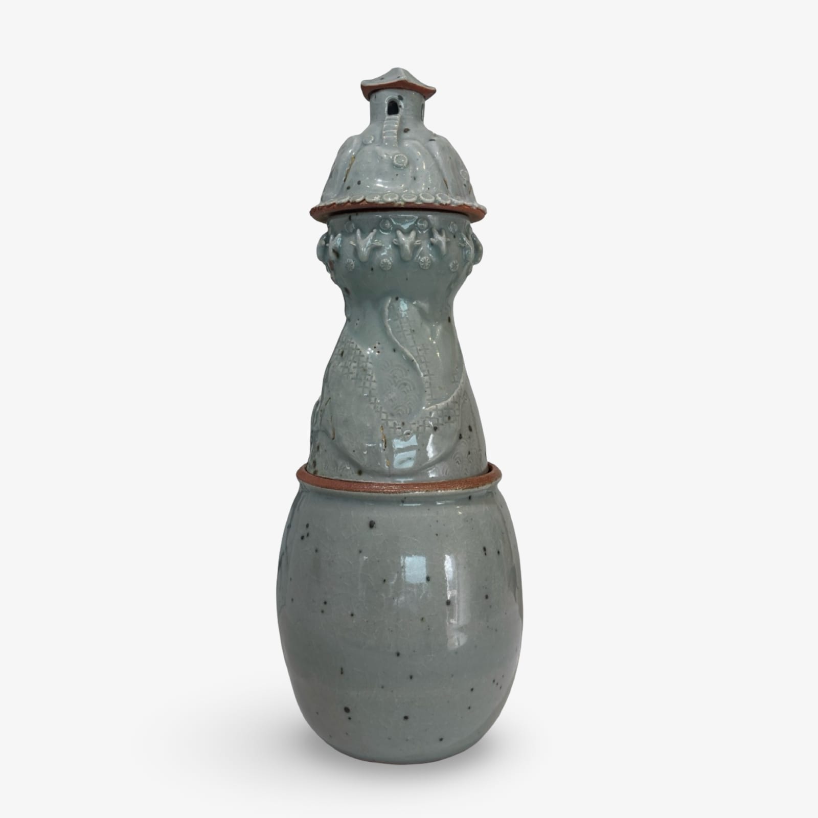 Jynsym Ong, Soul Jar (Blue celadon glaze with whale and goat heads), 2025