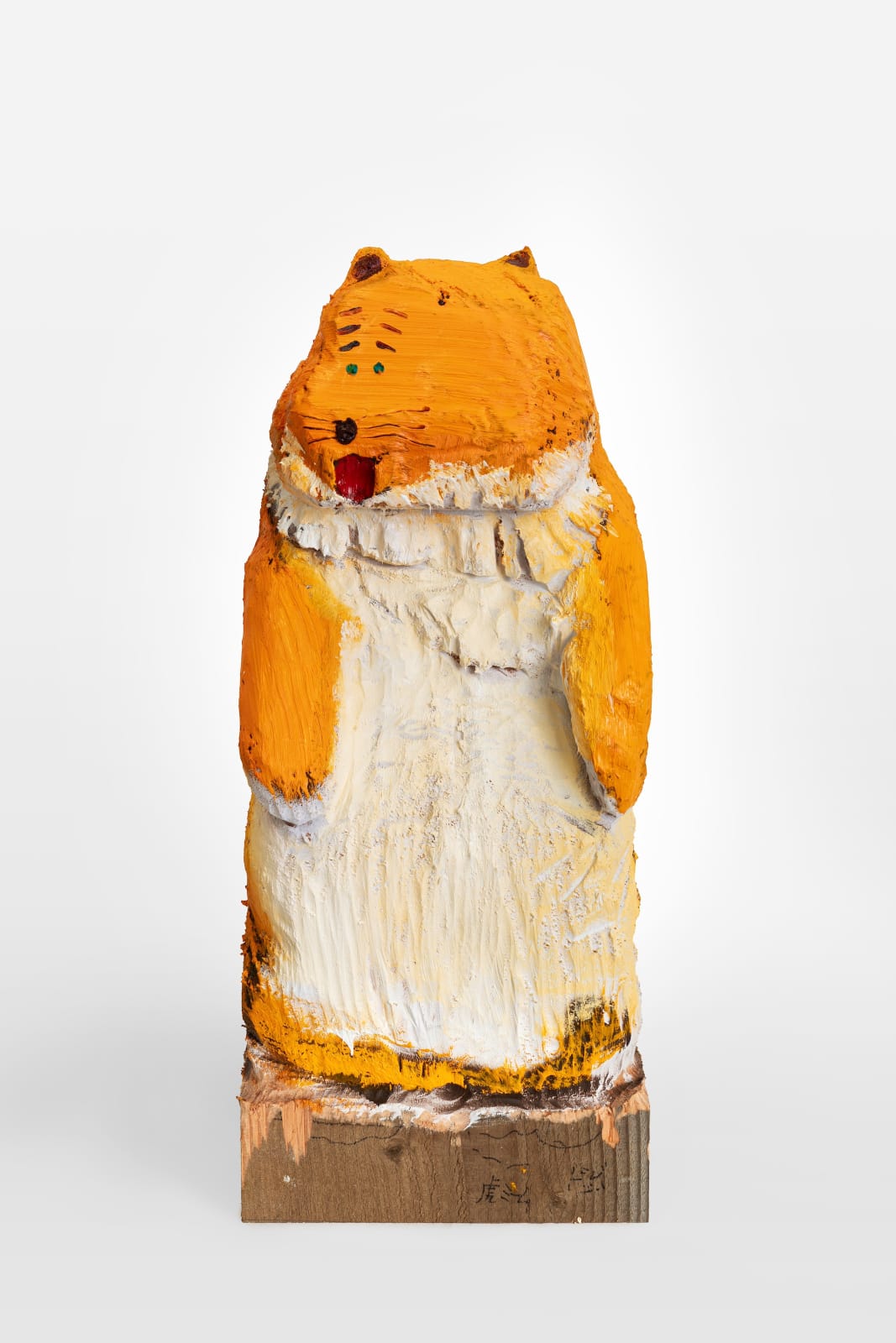 Shinya Azuma, Dancing Tiger (Chipi Chapa), 2024 Oil on hand-carved wood, 68x30x30cm Photo: Mike Derez. © Shinya Azuma. Courtesy of the artist, Galerie Marguo