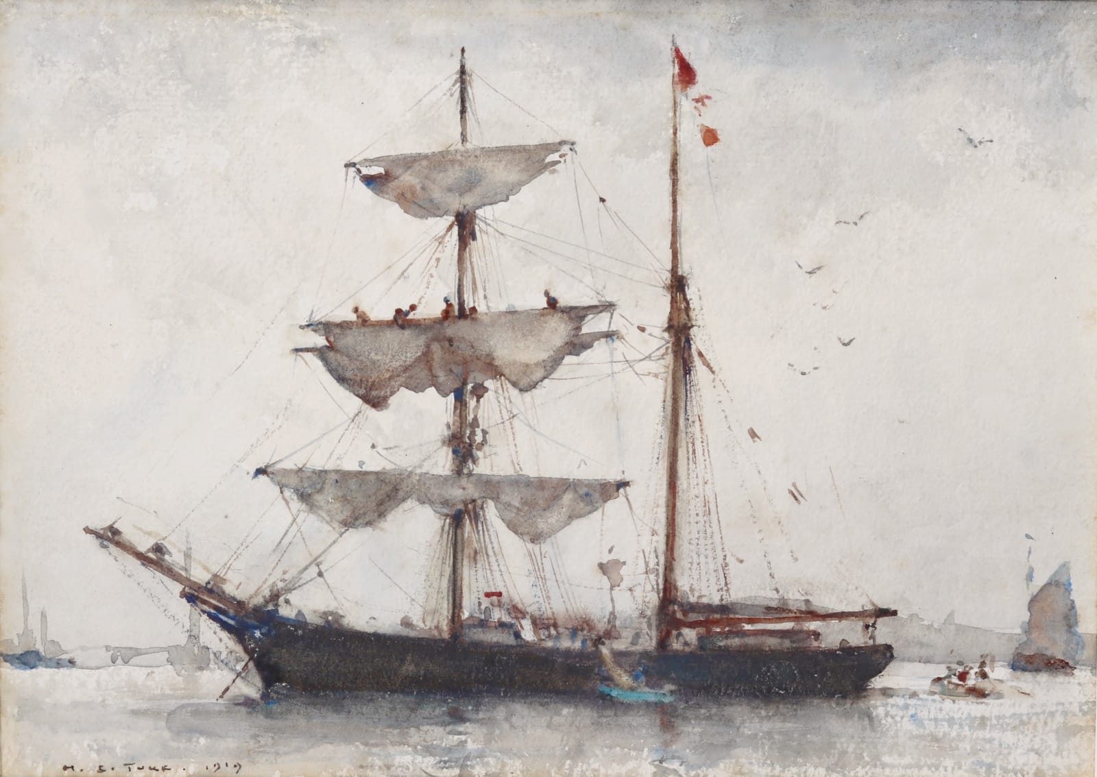 Henry Scott Tuke, Furling the Sails, Brigantine in Falmouth Harbour, 1919