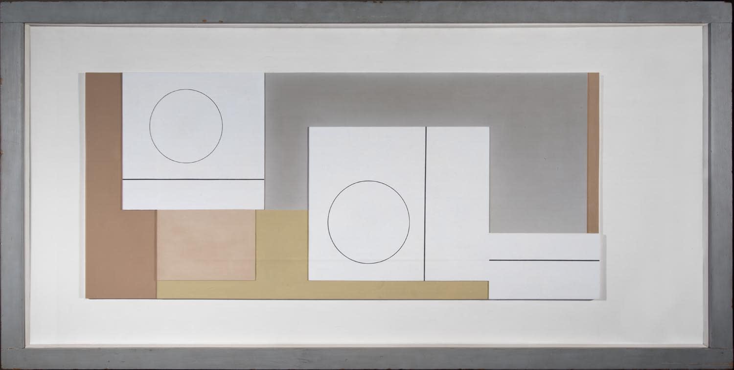 Ben NICHOLSON (1894 – 1982) 1941 (Painted Relief - Version I), 1941 Oil on carved Board Relief Element - 18 ¼ x 42 ¼ inches / 46.5 x 107 cm, in total 28 x 55 ½ inches / 72.5 x 141 cm Signed and dated verso Inscribed verso with framing instructions and colour notes, probably by the artist Inscribed verso Nicholson/Dunlace/Trelyon/St. Ives and dispatch by passenger train/To/J.L. Martin/Box Lane House/Herts