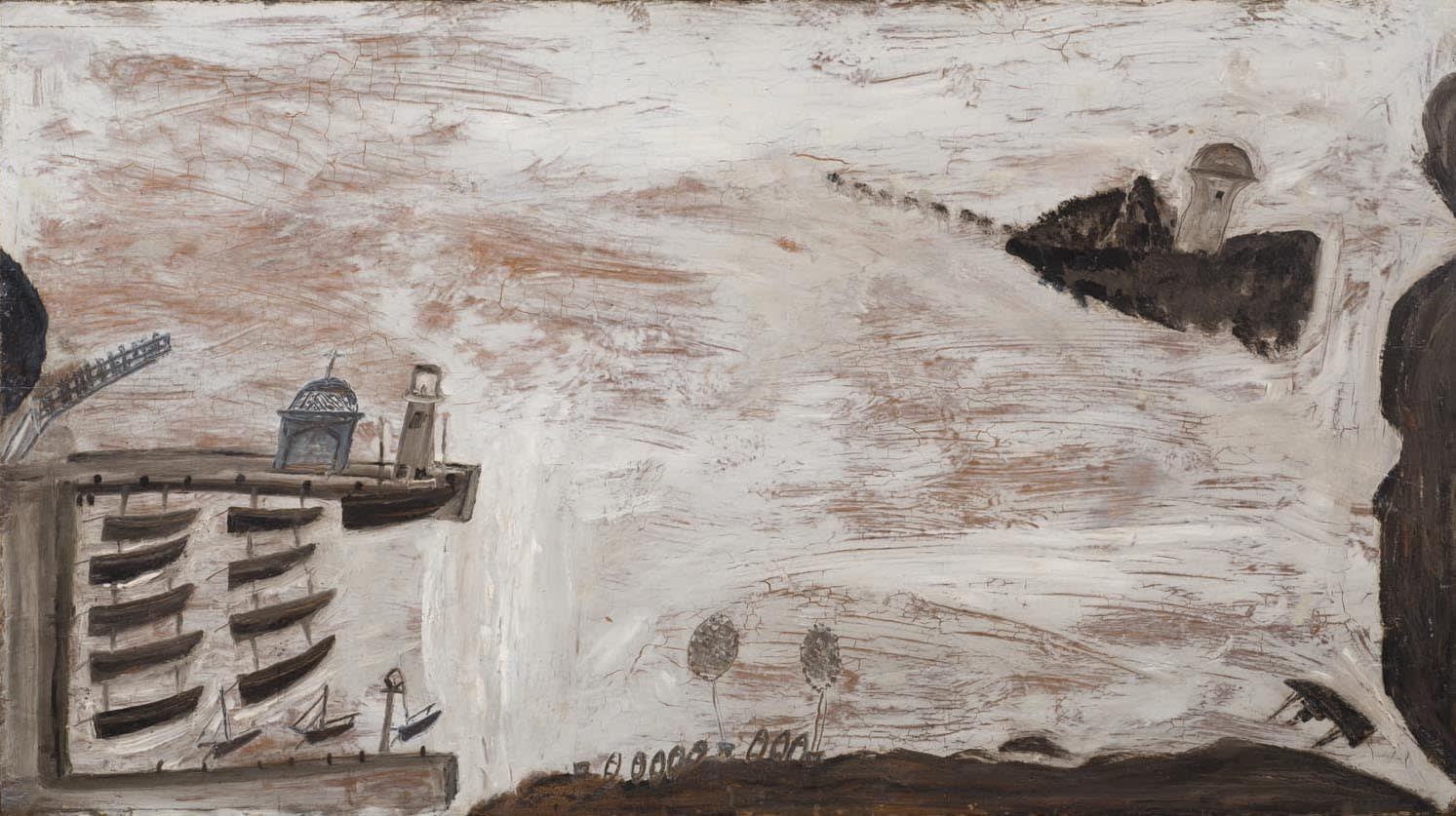 Alfred WALLIS (1855 – 1942) St Ives Harbour, c.1936 Oil on panel 19 x 34 inches / 48.3 x 86.3 cm
