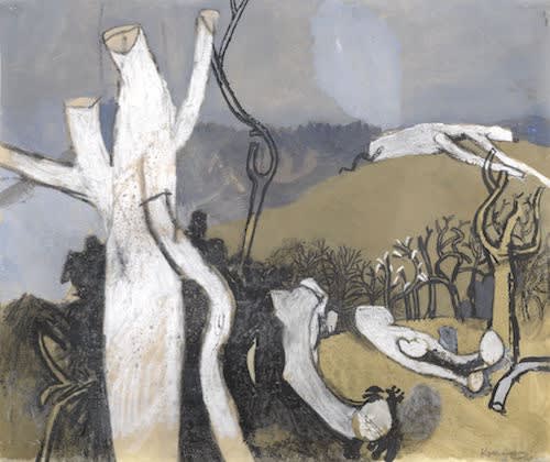 Keith VAUGHAN (1912-1977) Winter Landscape, c.1958 Gouache, wash, pen, ink, pastel and wax crayon 15 ½ x 13 inches / 39.4 x 33 cm Signed lower right