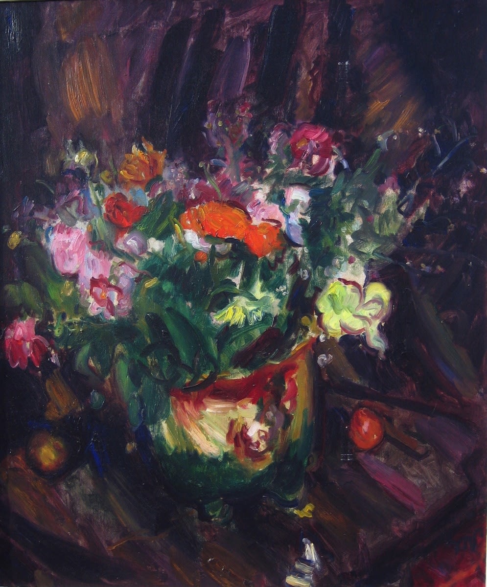 Mixed flowers with Purple Background, (c.1934) oil on canvas 39.5 x 24.5 inches (75 x 62.2cm) initialled lower right ‘MS’