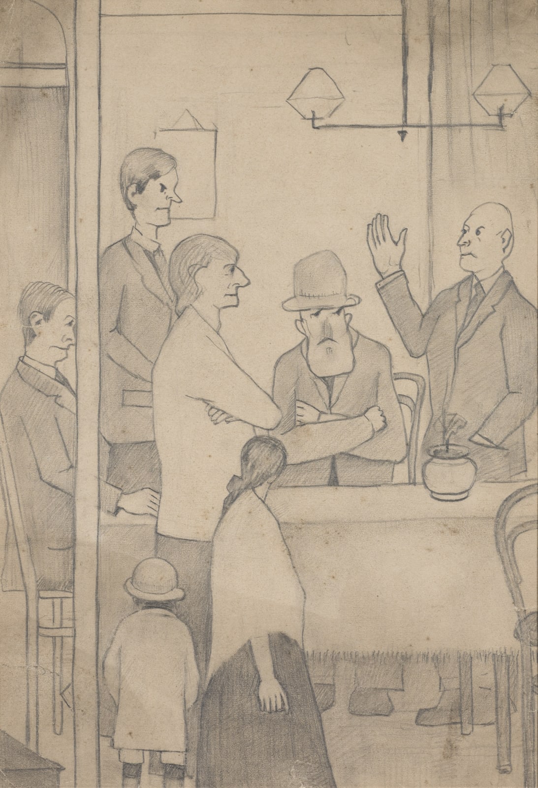 Laurence Stephen Lowry, Untitled (interior with figures) c. 1925