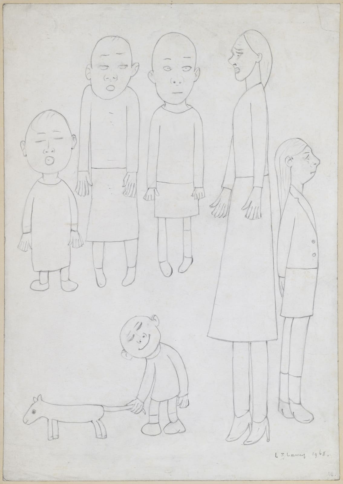 Laurence Stephen Lowry, Untitled (Five Figures and Boy Holding Dog’s Tail), 1968