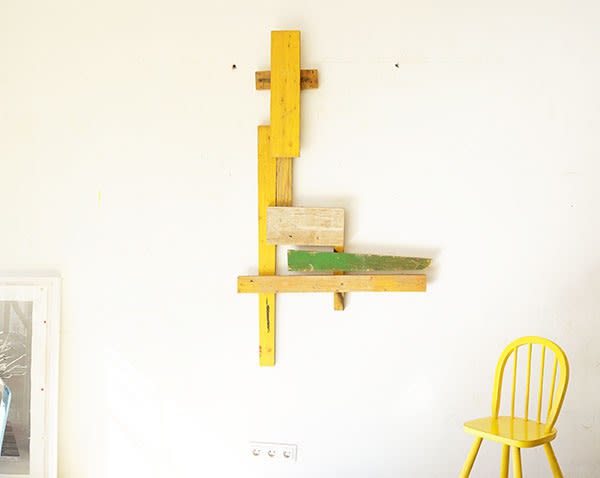 wallpiece, artwork on wall, wood, yellow, contemporary art, constructing mytholgy ernst koslitsch
