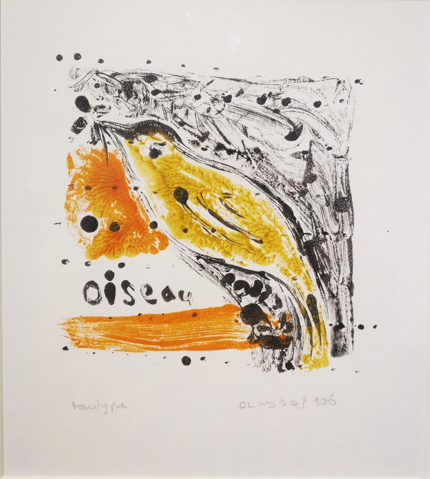 Boutros Al Maari, Bird, 2016, Mono print, 19x17cm - Framed 35.5x33cm