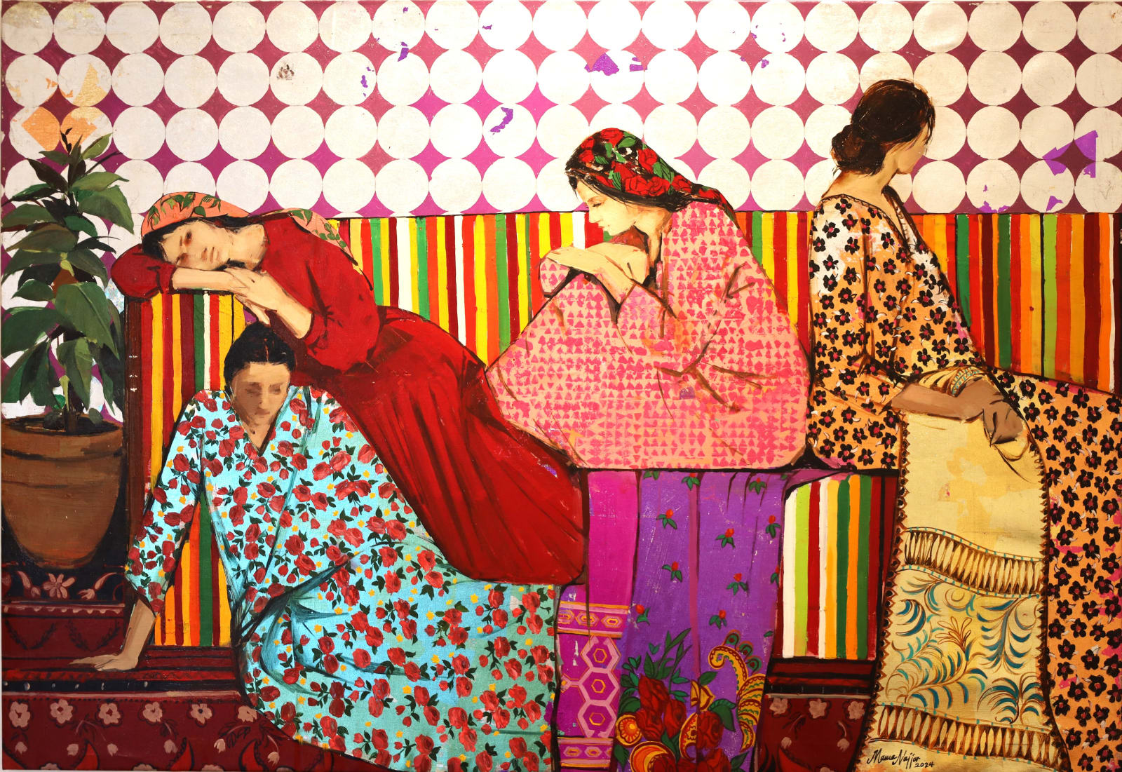 Marwa Najjar, Afternoon, 2024, Oil and silver leaf on canvas, 110x160cm