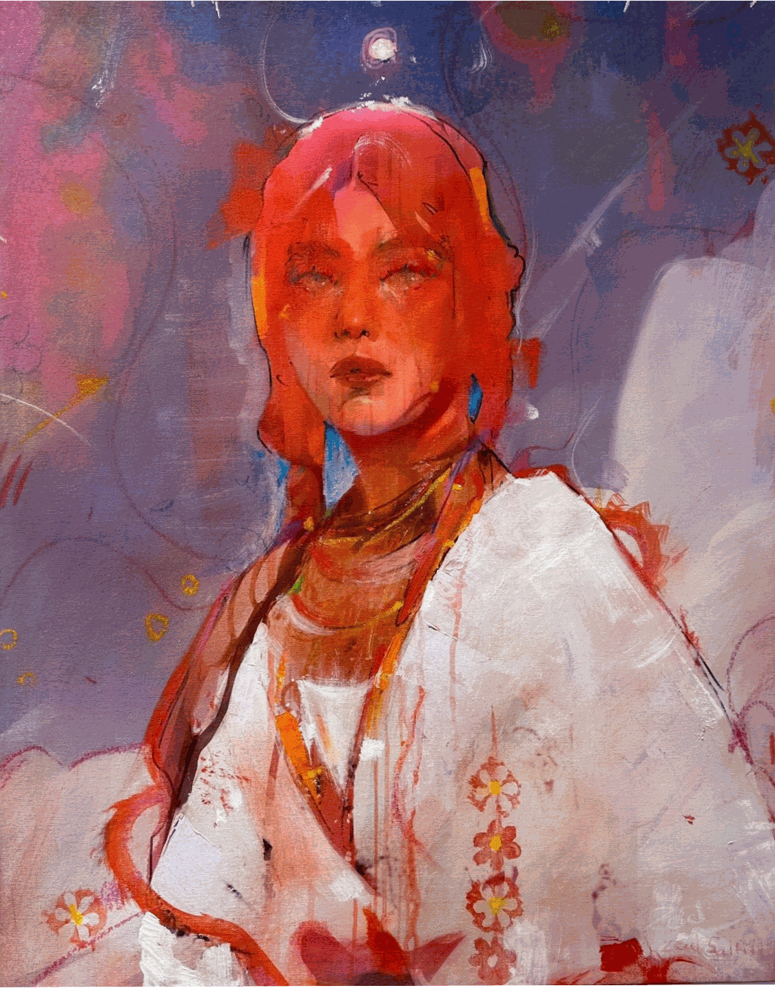 Zaid Salfiti, Blossom, 2024, Mixed media(digital print, acrylics, gouache, pastel) on canvas, 80x63cm