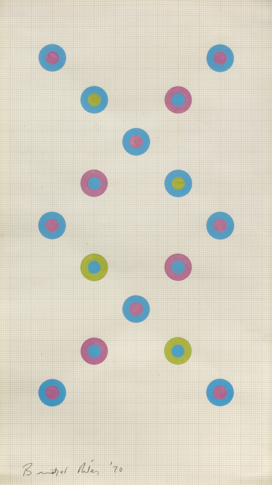 Bridget Riley (b. 1931), BRIDGET RILEY | DISCS: TURQUOISE DOMINATING OLIVE AND MAGENTA, 1970