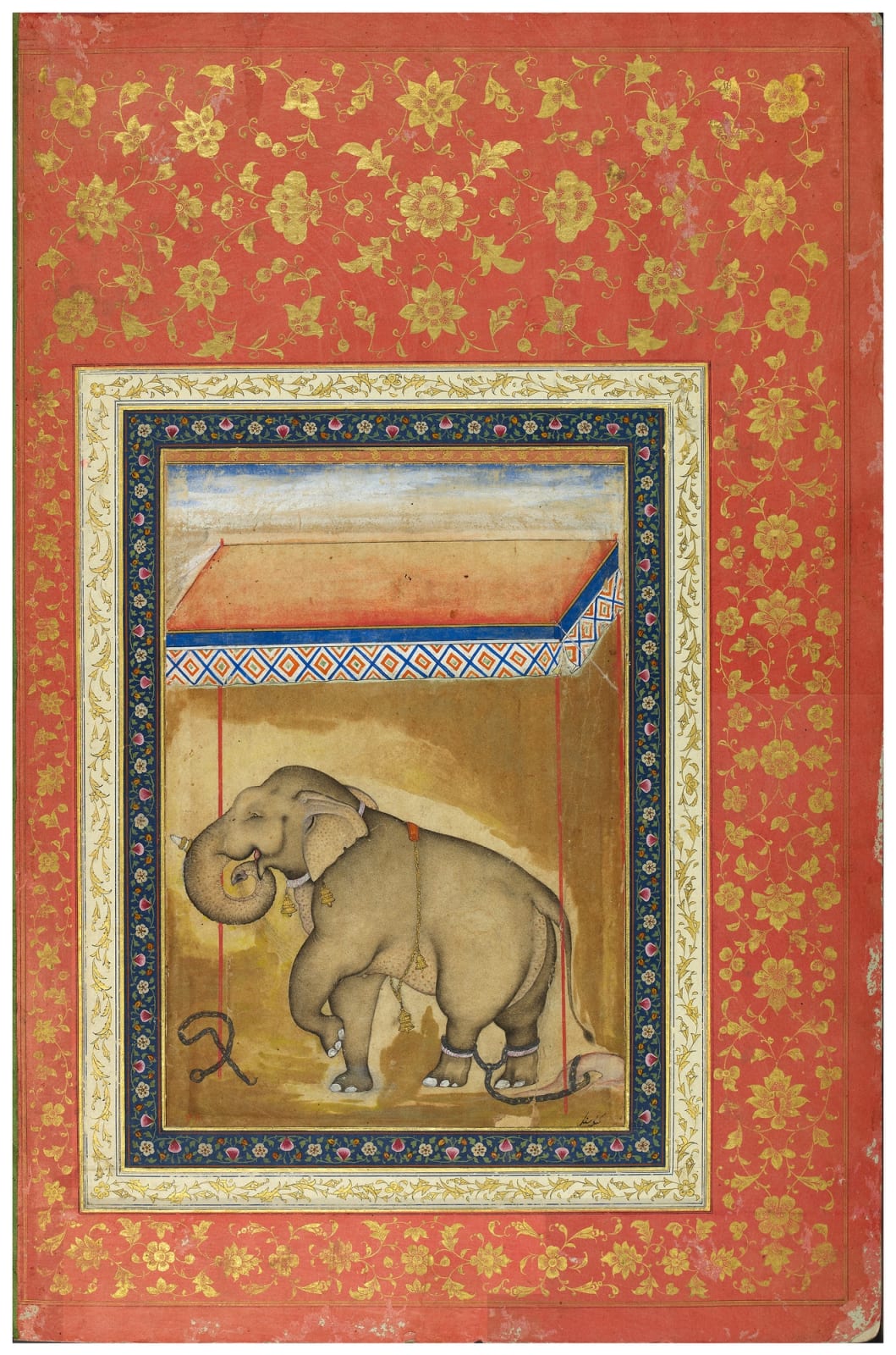 A Tethered Favourite Elephant with an Inscription naming Kanak Singh, Mughal, 1590s