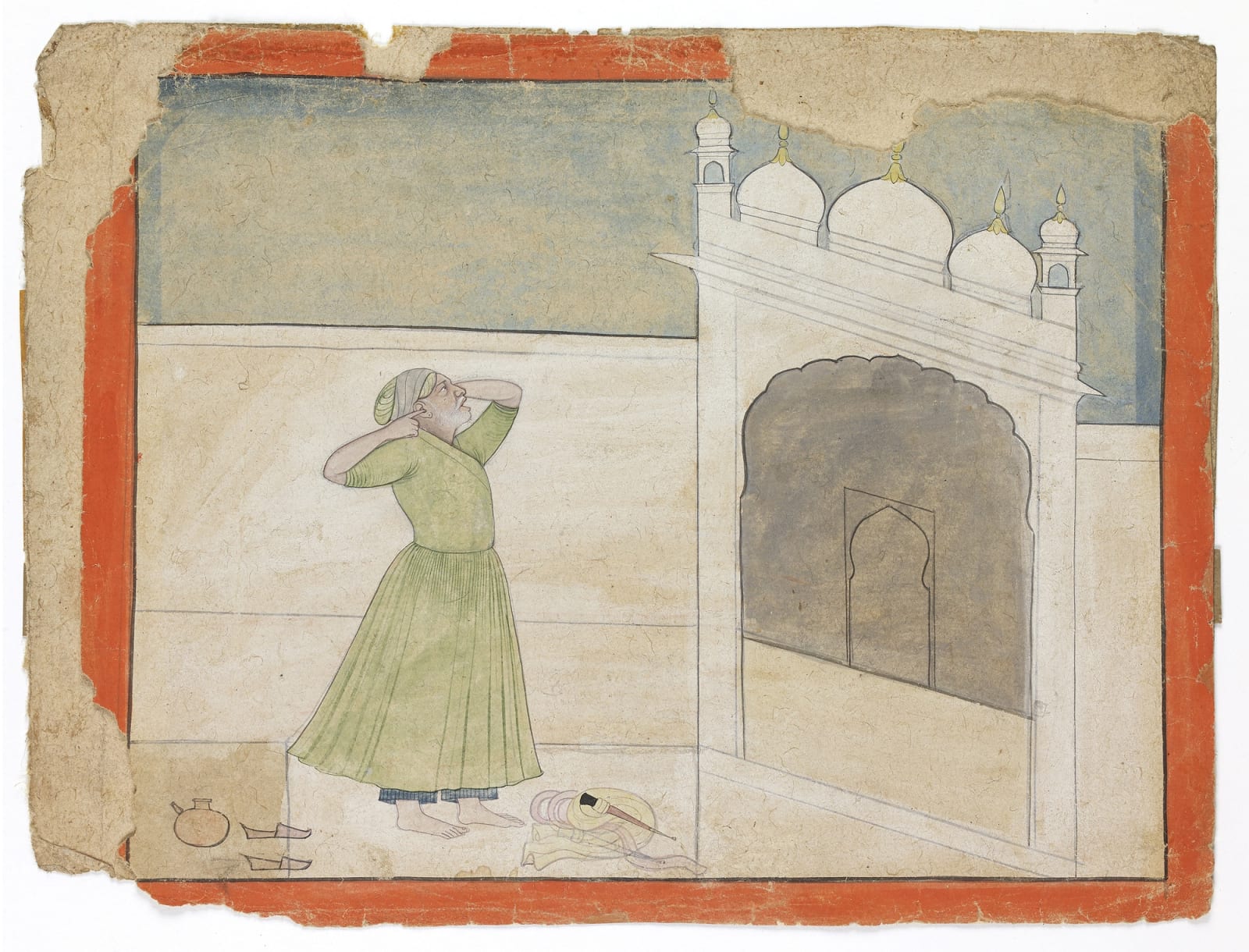 A man with his fingers in his ears standing before a gateway, Pahari, after Nainsukh, 1770-80
