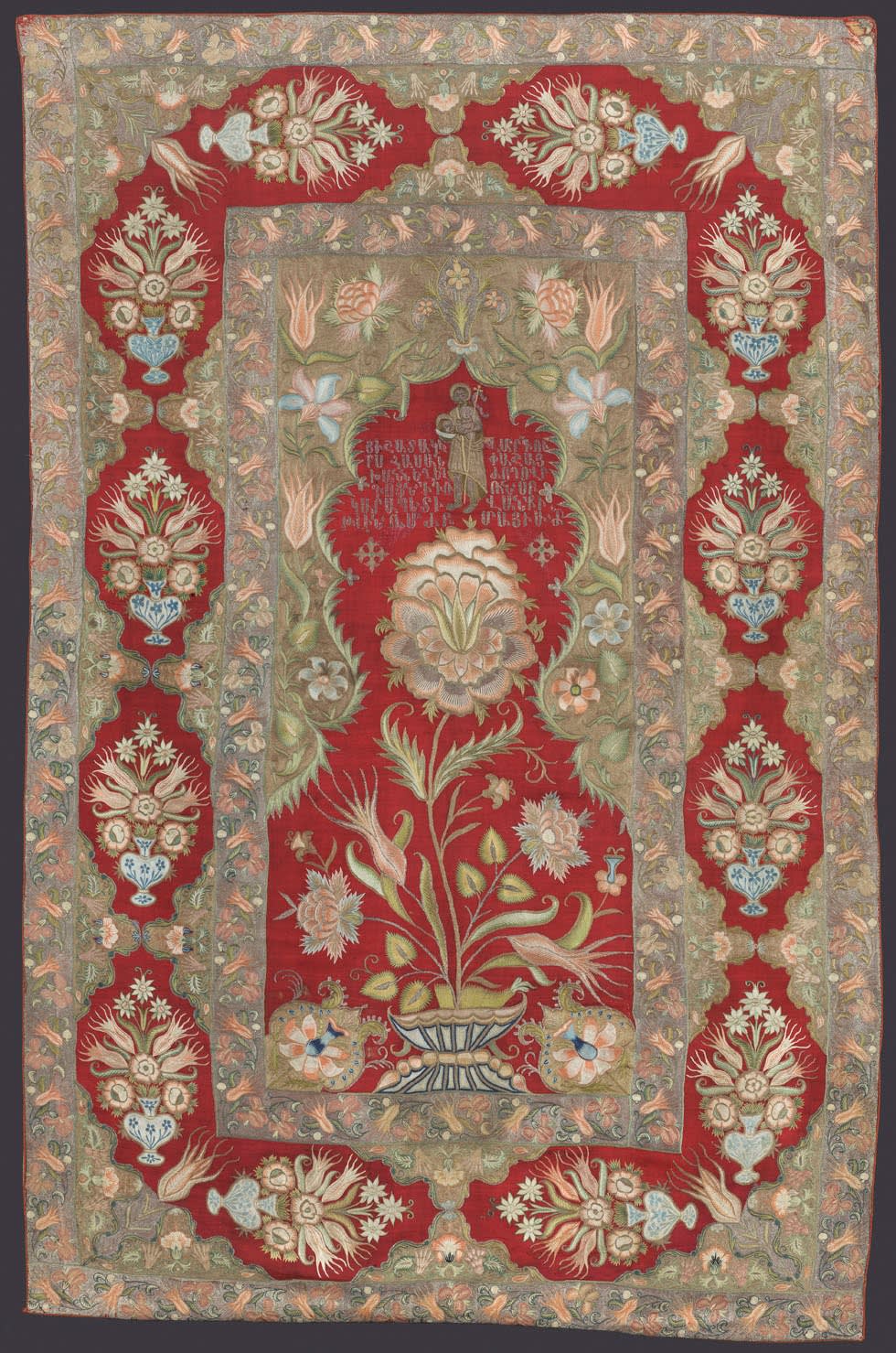 Armenian Liturgical Embroidery, Commissioned by the Armenian Community from Hassan Pasha District in Istanbul for the Monastery of Saint John the Baptist in 1763, Ottoman, Armenian commission executed in Istanbul, mid 18th century