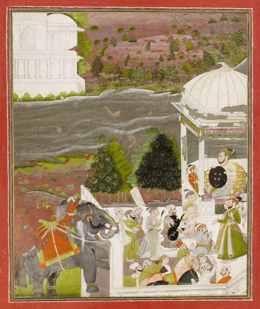 Maharana Sangram Singh of Mewar (1710-34) with nobles in a country palace, By Bikaner artist Usta Qasam, c. 1715-20