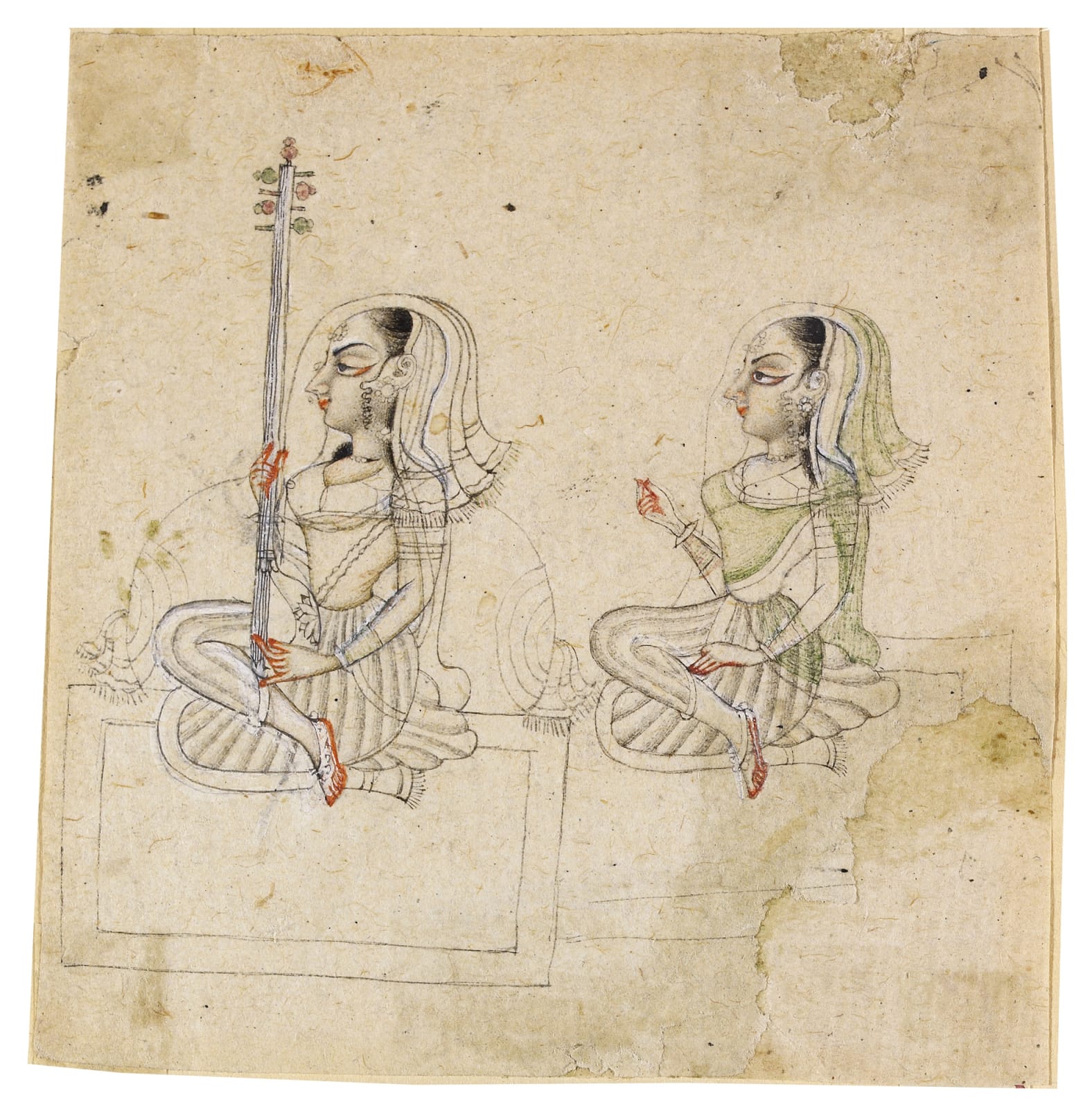 Drawing of two Female Musicians, Kishangarh, c. 1790-1800