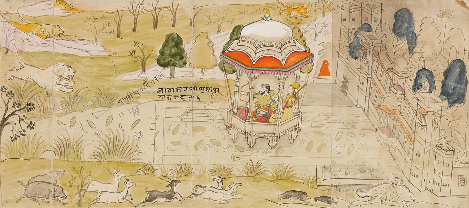 A Raja hunting Lions outside a Palace, Kotah, mid-19th century