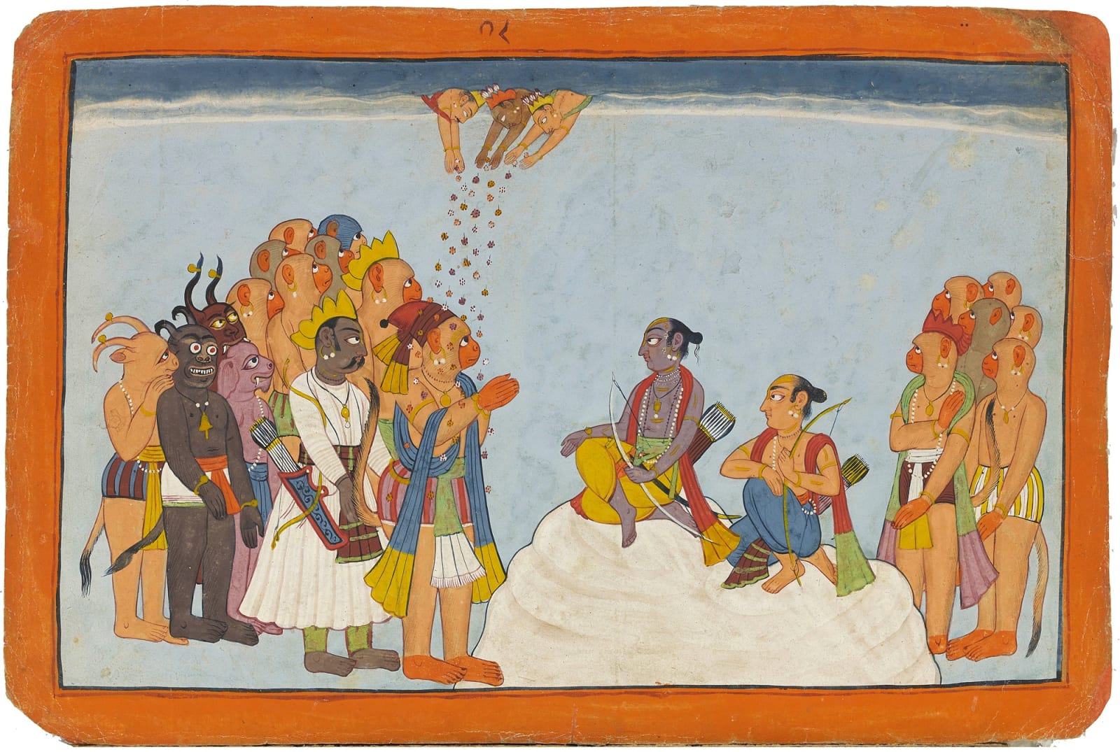 Rama and Laksmana congratulate Hanuman after returning victorious from a duel with a demon, Pahari, from Bahu or Kulu, from the Shangri Ramayana, Style III, 1700-10