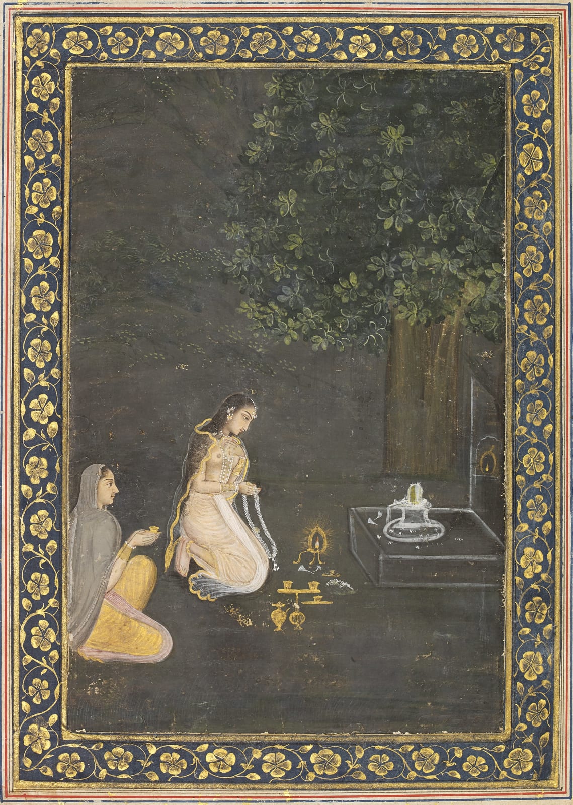A stylized multi-stemmed Iris, Verso: A Lady Worshipping a Sivalingam by Night, Avadh, c. 1760