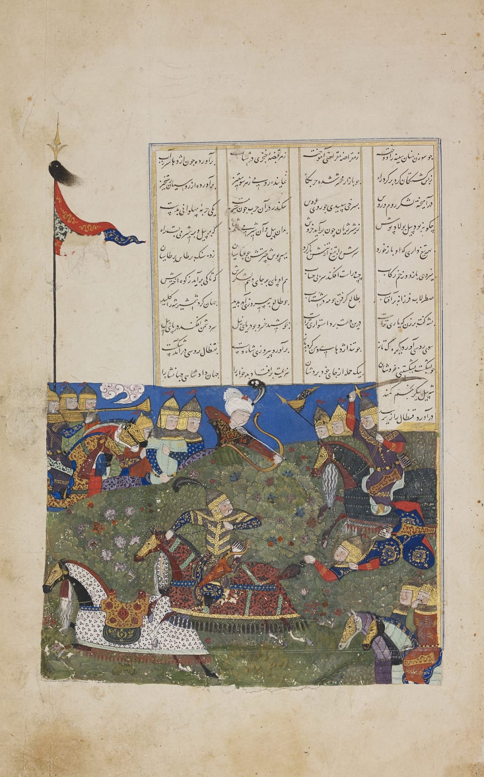 Iskandar dismounts a Russian warrior from Nizami's Khamsah, Persian, Shiraz, c. 1490