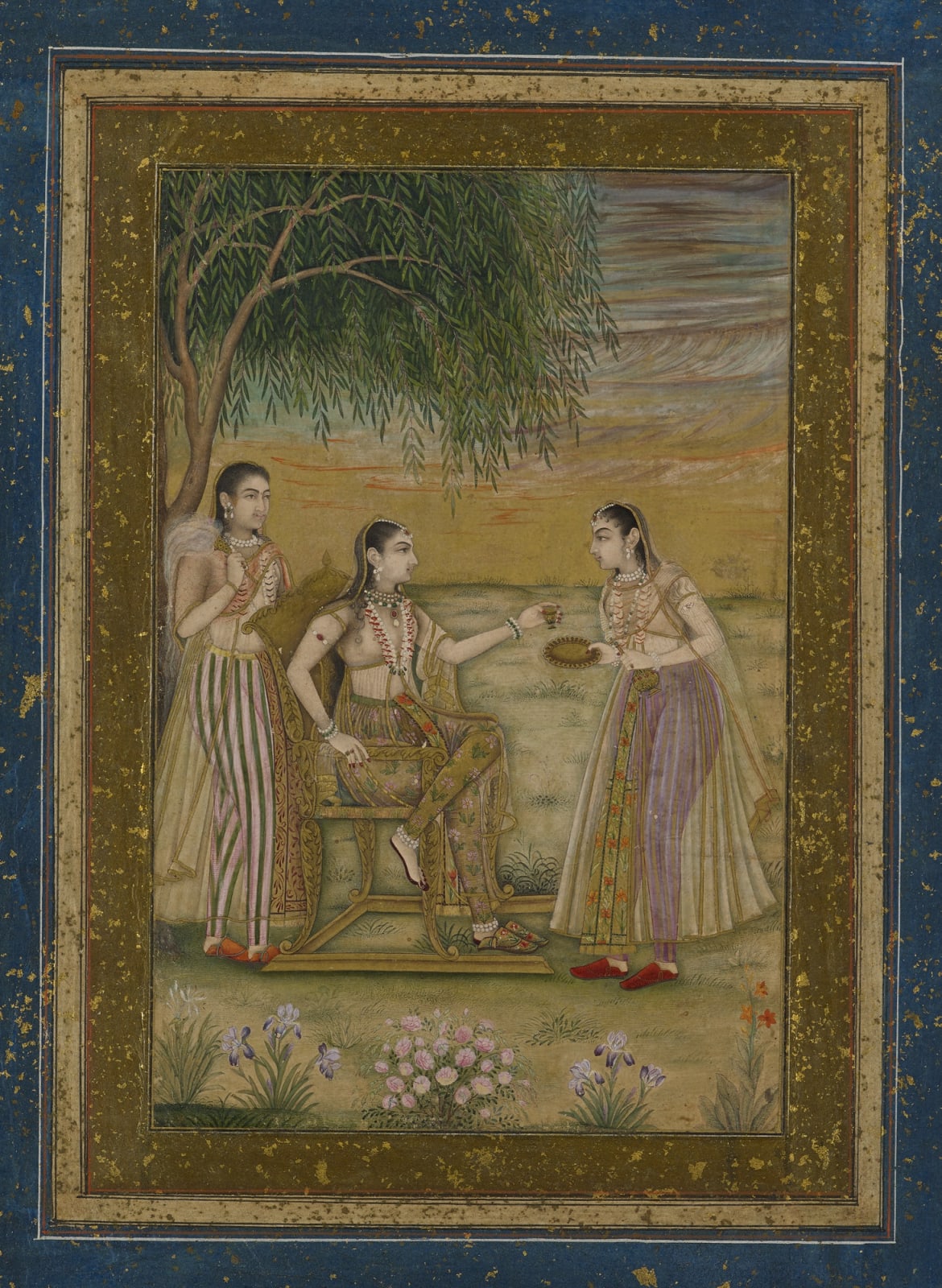 A Princess seated on a Throne beneath a Tree, with two female Attendants, Mughal, c. 1675