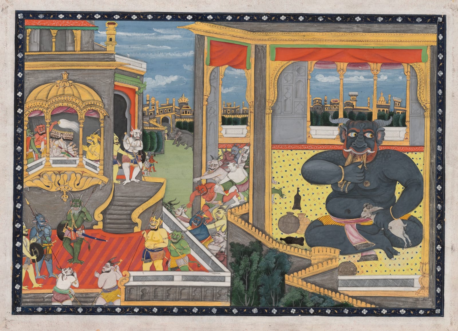 The Giant Kumbhakarna is awakened – A Leaf from the Ramayana, Pahari, mid-19th century