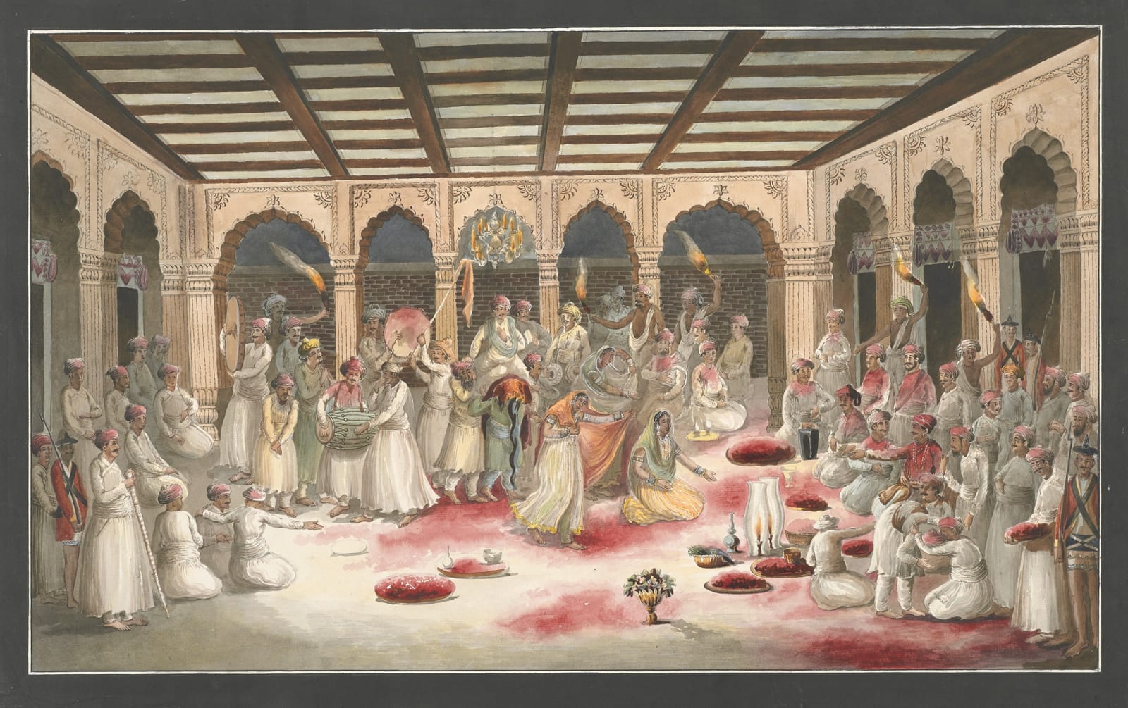 Holi festival in the palace at Murshidabad before the Nawab, with coloured powder flung around. Bengal sepoys standing about., Murshidabad, 1795–1810