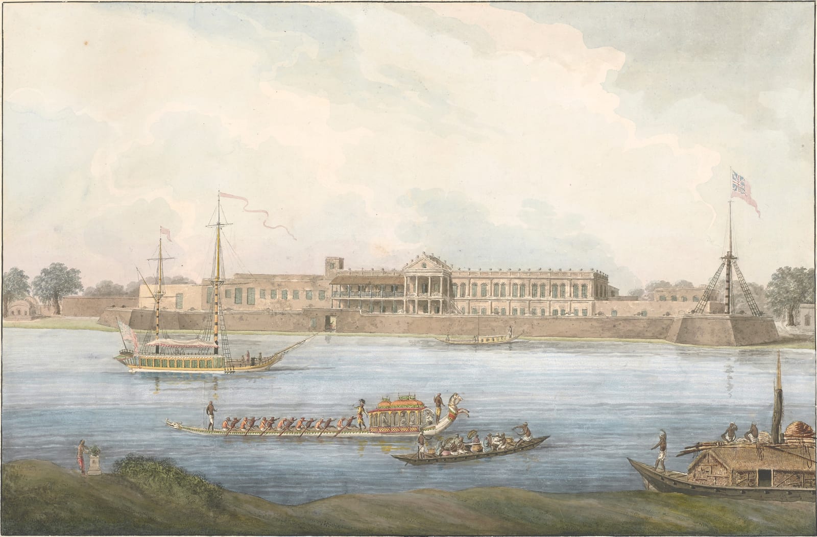 View of the East India Company factory at Cossimbazar from the other side of the Hooghly river; inside its fortifications, flying the Union flag, with a pinnace budgerow (with the same flag) and a horse-headed boat on the river (vieille fattorie de Bassem, Murshidabad, 1795–1810