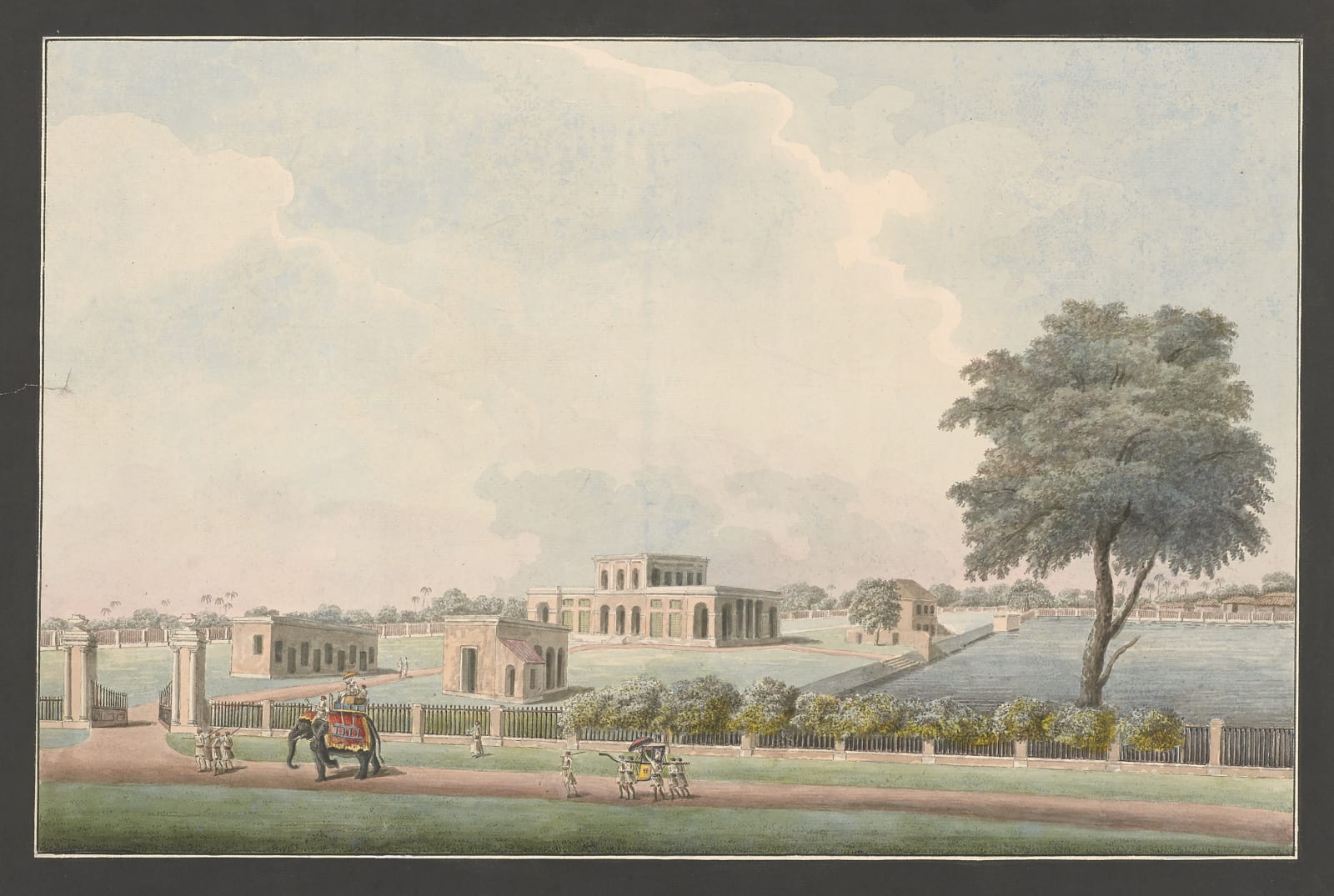 A double-storeyed house with single-storeyed wings beside a reservoir with a family approaching by elephant and palanquin, Murshidabad, 1795–1810