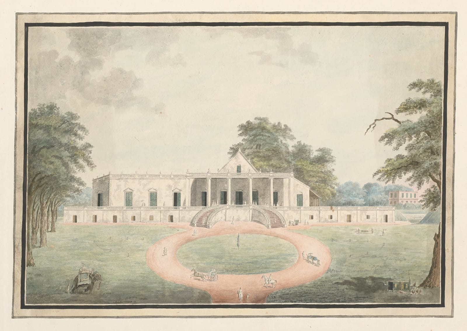 View of a single-storey house with portico over a raised platform with divided staircase; circular driveway and garden showing family and friends at their leisure, Murshidabad, 1795–1810