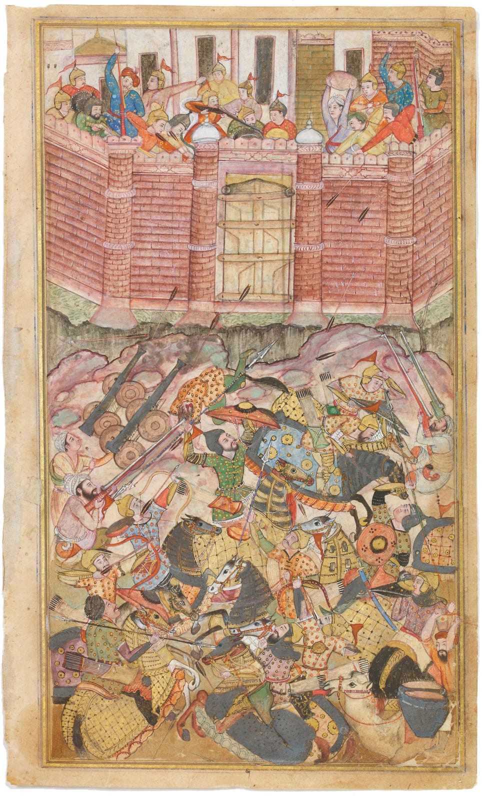 A leaf from a manuscript of the Baburnama with a full-page miniature of a battle between Khwaja Qazi and Aba-bikr at Uzgend in 1493-4, Imperial Mughal, made for Akbar, c. 1589