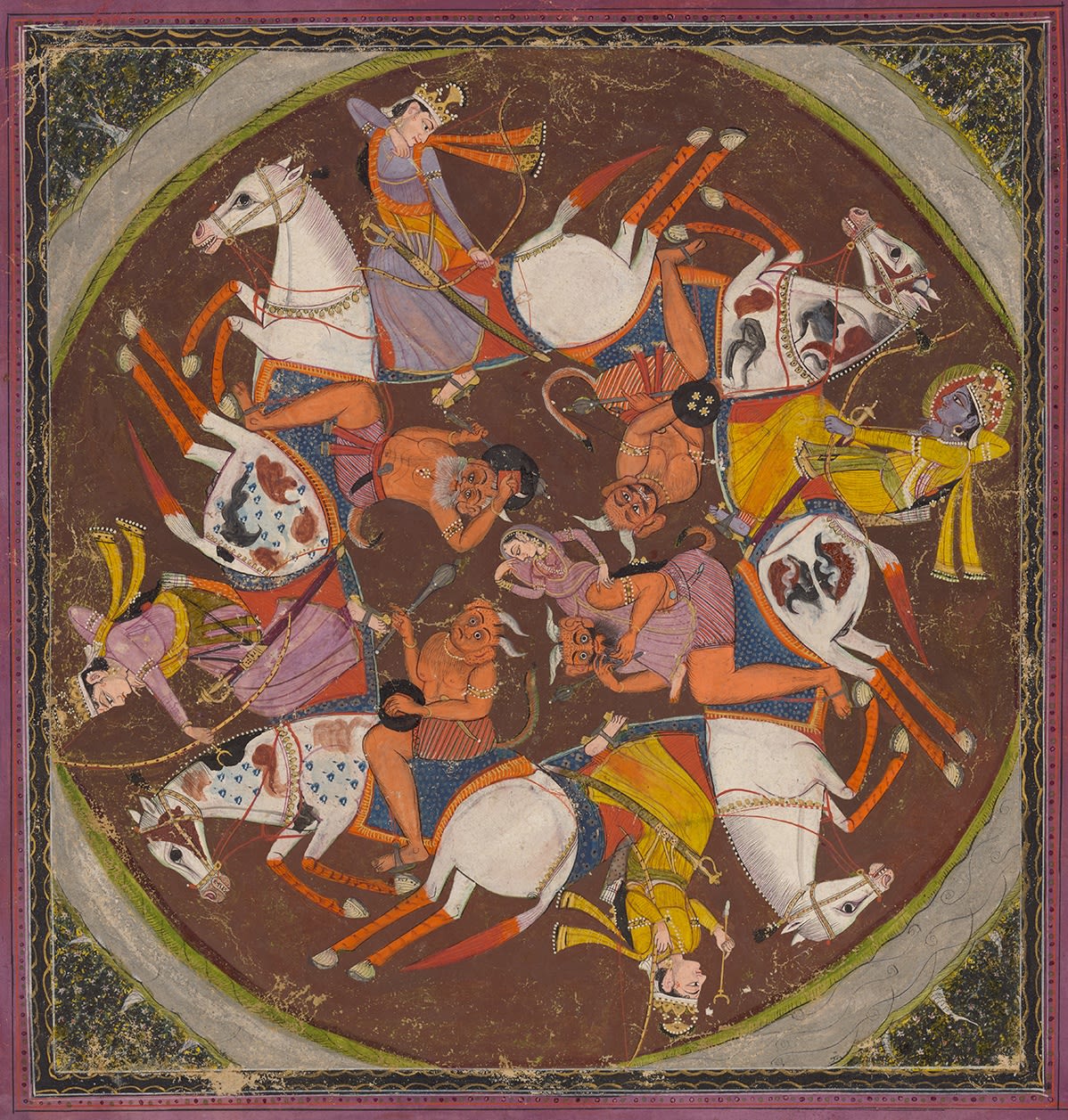Rama and his brothers ride on horseback in a circle shooting at demons trying to abduct Sita, Sikh, Lahore or Patiala, c. 1850