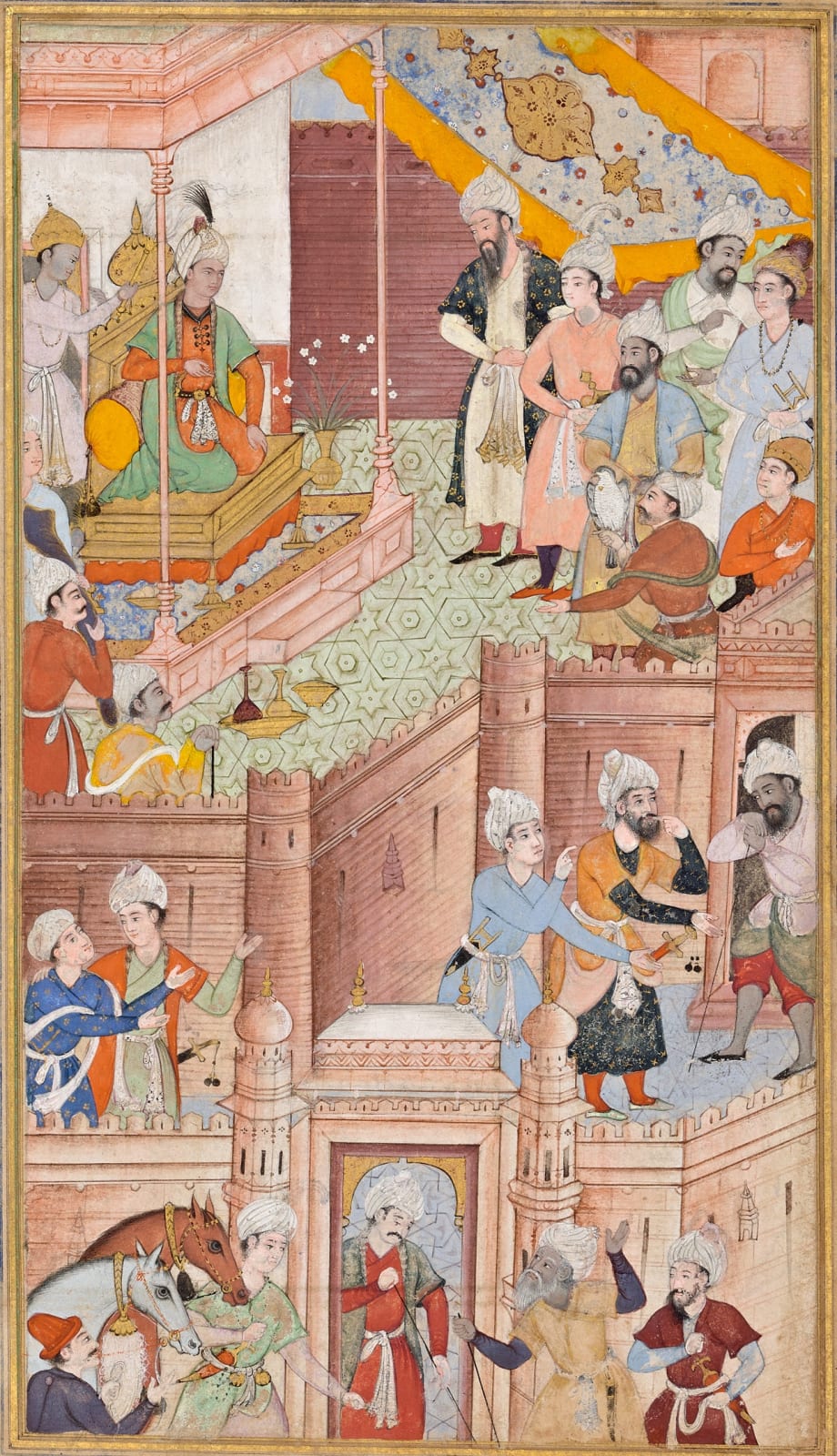 Babur sits enthroned in his court; Ascribed to the artist Khim Karan (amal-i Khem Karan), Folio from a Baburnama, Mughal, 1589-90