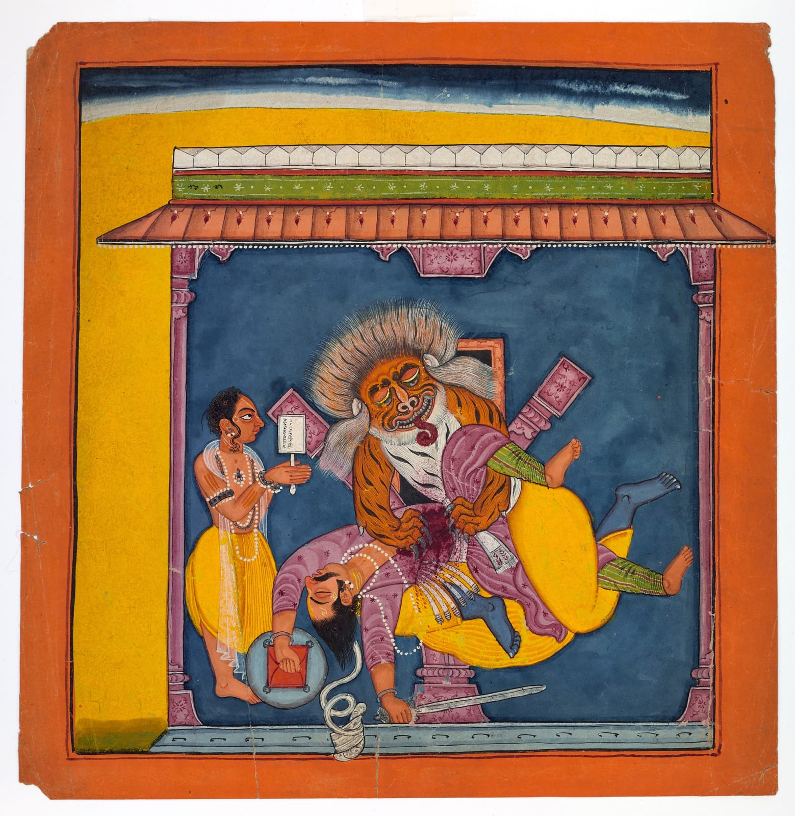 Narasimha killing Hiranyakasipu, Basohli or Nurpur, to Devidasac. 1690, attributed