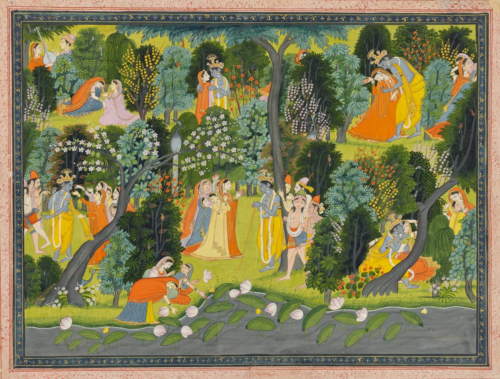 Krishna makes love to the Wives of the Cowherds of Brindaban, Page from the ‘Lambagraon’ Gitagovinda, Attributed to the artist Purkhu and workshop, Kangra, c. 1820