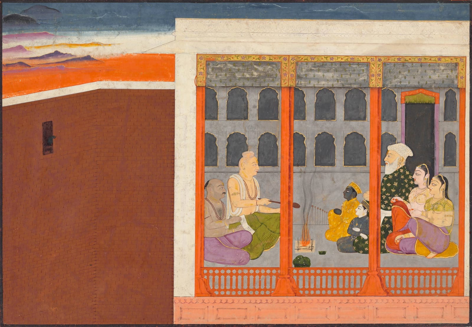 Garga performs the naming ceremony for Krishna and Balarama - Page from the ‘Large Guler–Basohli’ Bhagavata Purana series, Guler or Basohli, c. 1765, attributed to Fattu and workshop