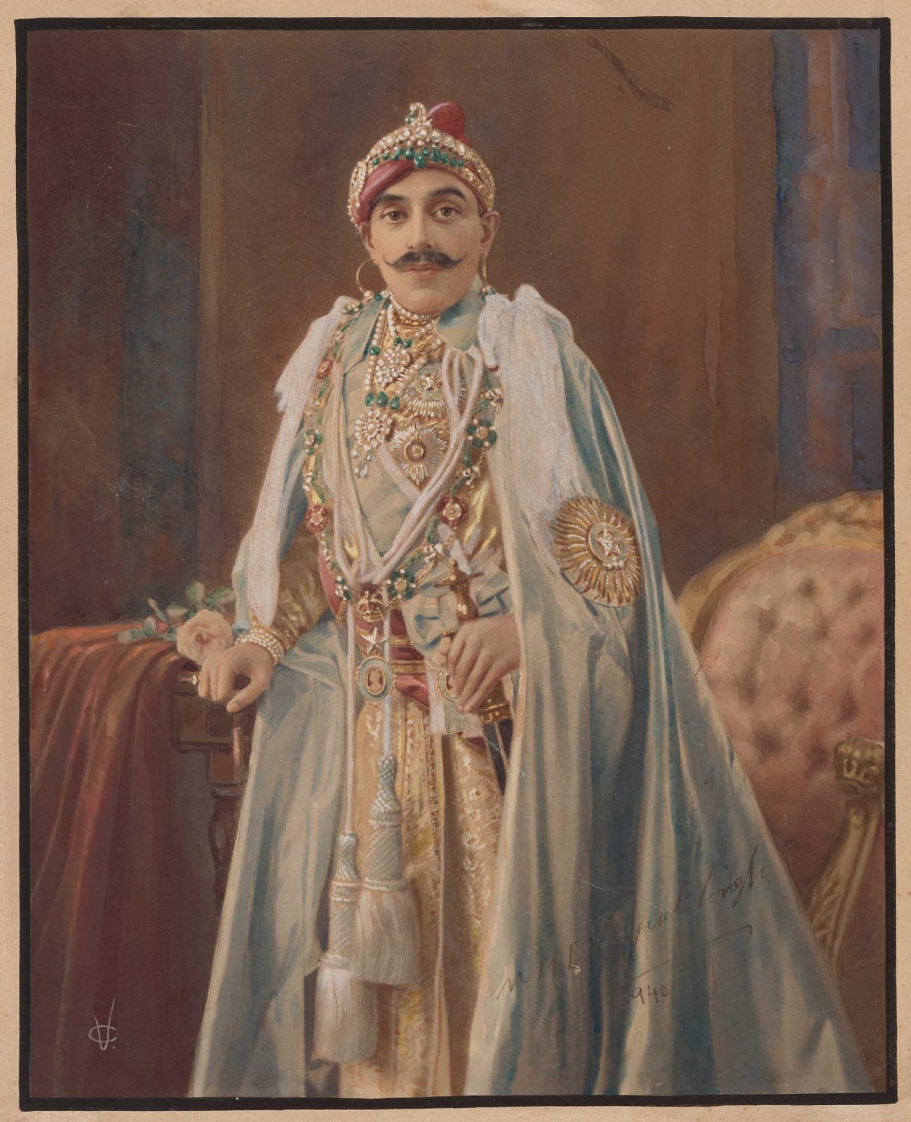 Portrait of Maharana Bhupal Singh of Udaipur, Artist monogram VC, Signed by the sitter, dated, 1940
