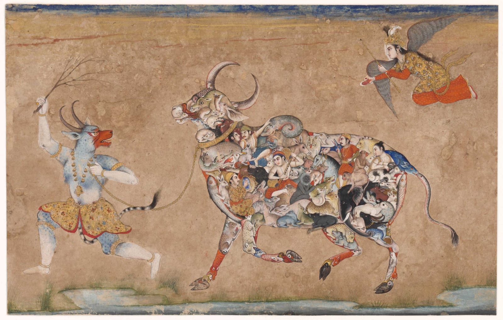 A composite bull led by a demon and followed by a peri, Mughal, 1740-80
