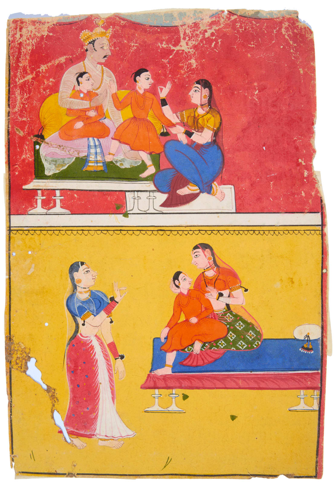 Partial folio from the Bhagavata Purana depicting scenes of family life across two registers, Rajasthan, Mewar, under the supervision of Sahibdin, manuscript dated 1648
