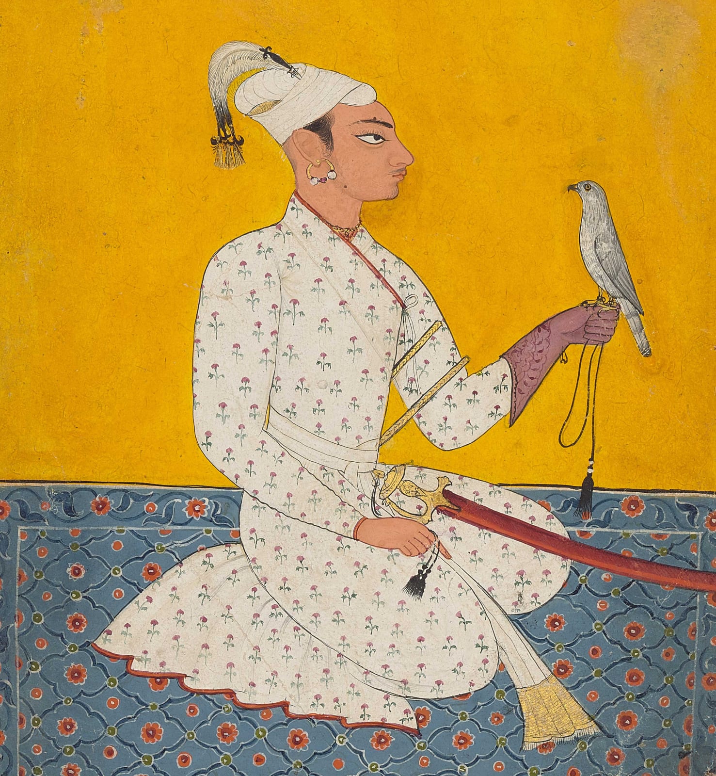 A Prince with a falcon, perhaps Mian Kailashpat Dev of Bandralta