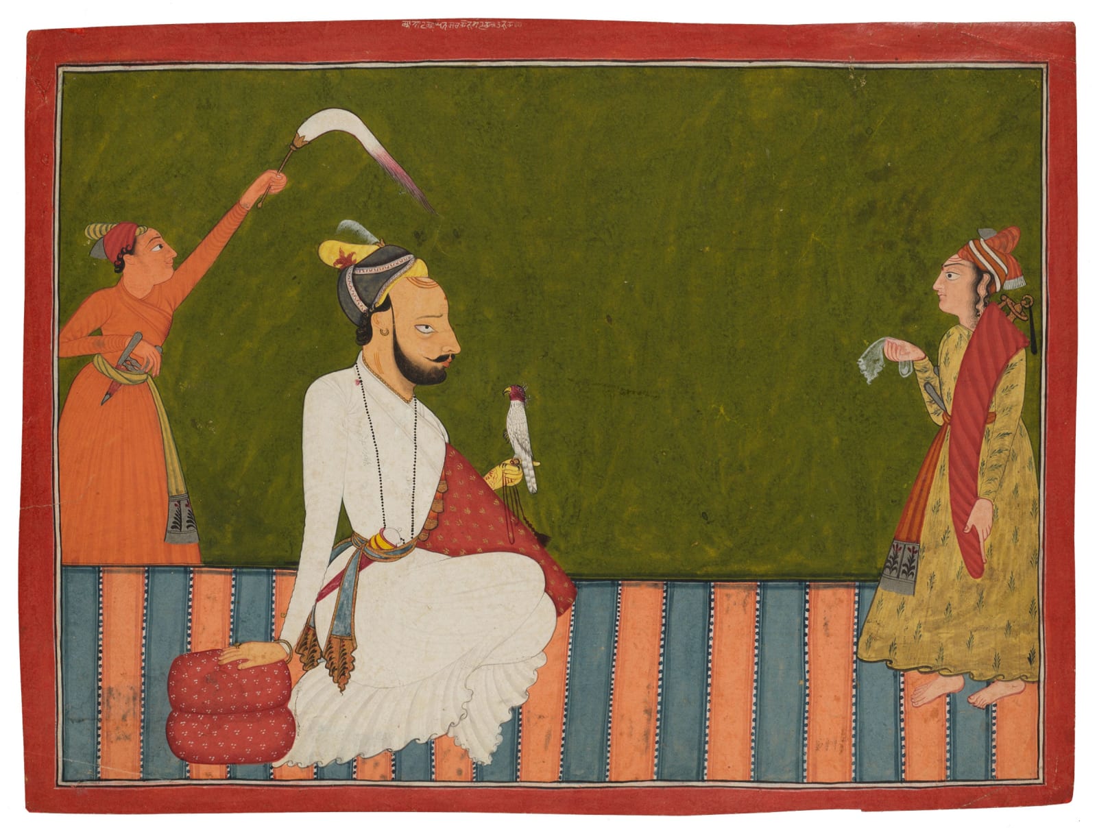 Raja Anand Dev of Bahu seated examining a hawk, with two attendants, attributable to a master of the early Bahu School, Jammu, 1720–30