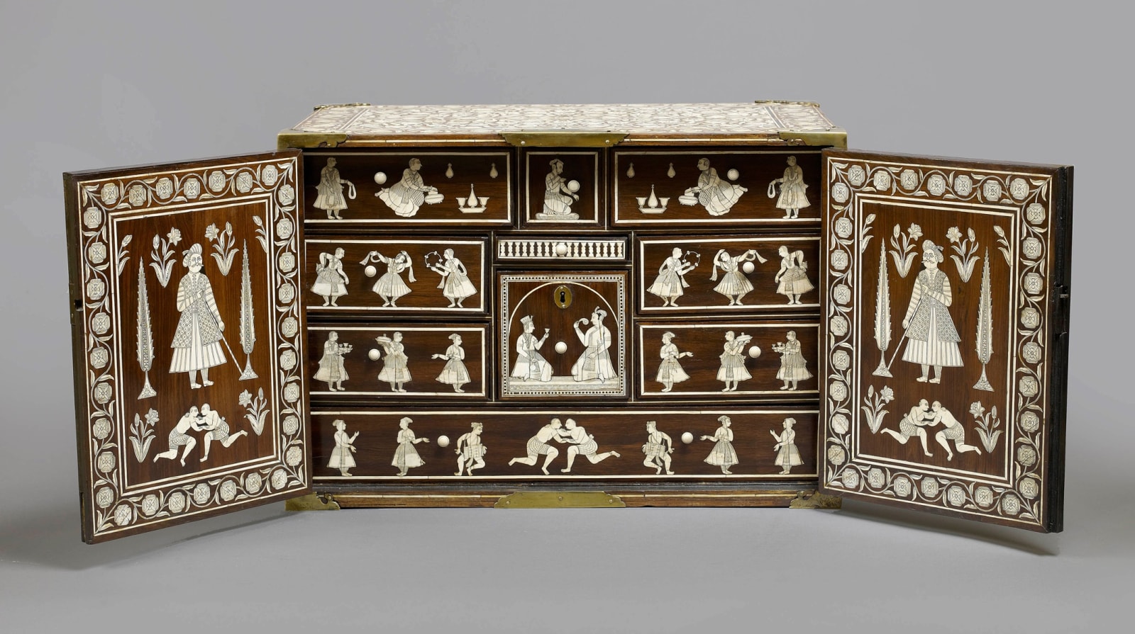 Cabinet with figurative Ivory Inlay, India, Gujarat or Deccan, for export to Europe, c. 1700