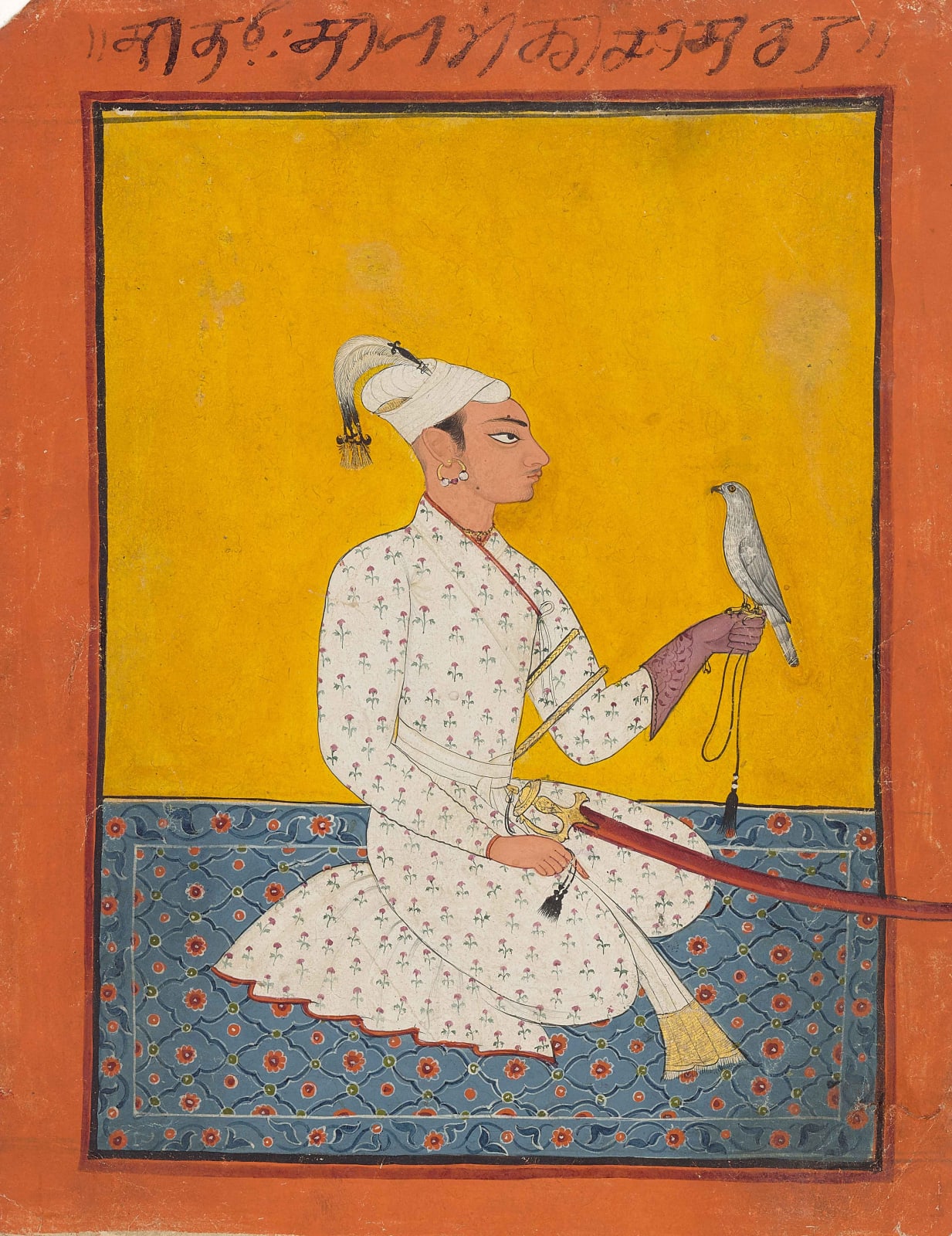 A Prince with a falcon, perhaps Mian Kailashpat Dev of Bandralta