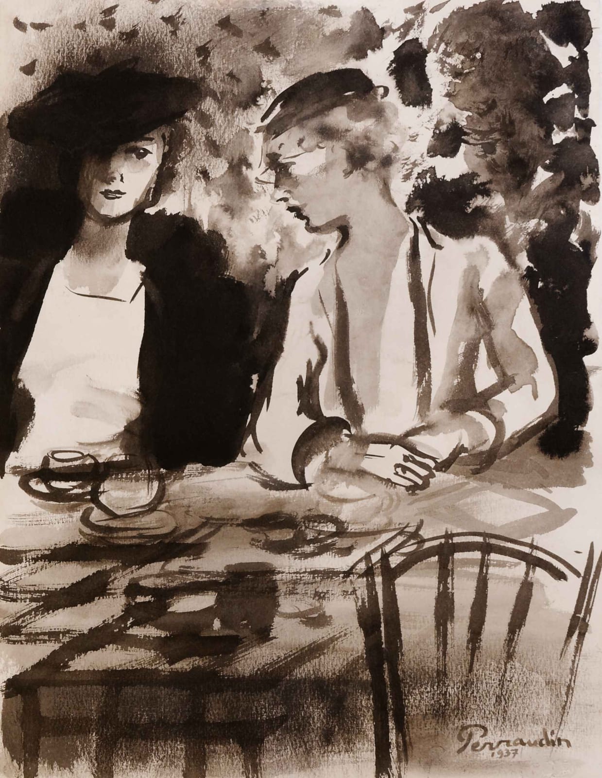 Paul PERRAUDIN, Deux élégantes au café, 1937