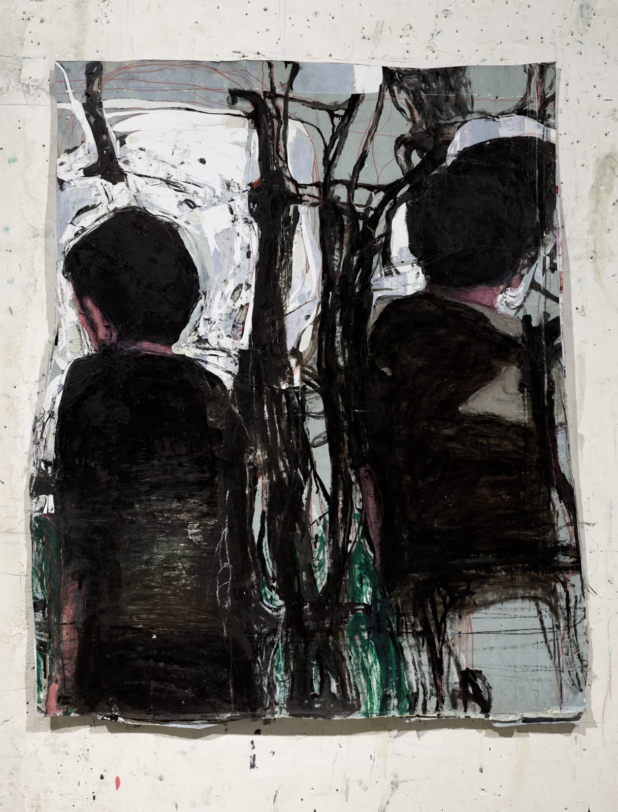 Jean Charles BLAIS inextricable, 2021 Peinture à l'huile et fusain sur affiches arrachées 106 x 87 cm Courtesy de l'artiste et de la galerie Catherine Issert