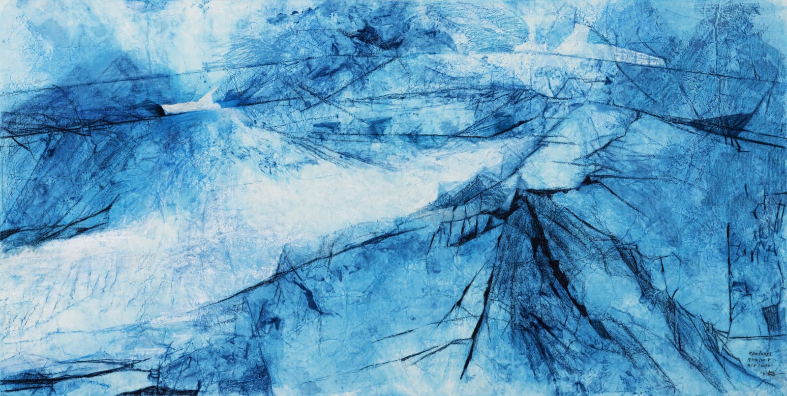Some Time When the River is Ice Watercolor, Gouache, Pastel and Mineral Pigment on Raw Xuan Paper 146 x 288 cm, 2018-2021