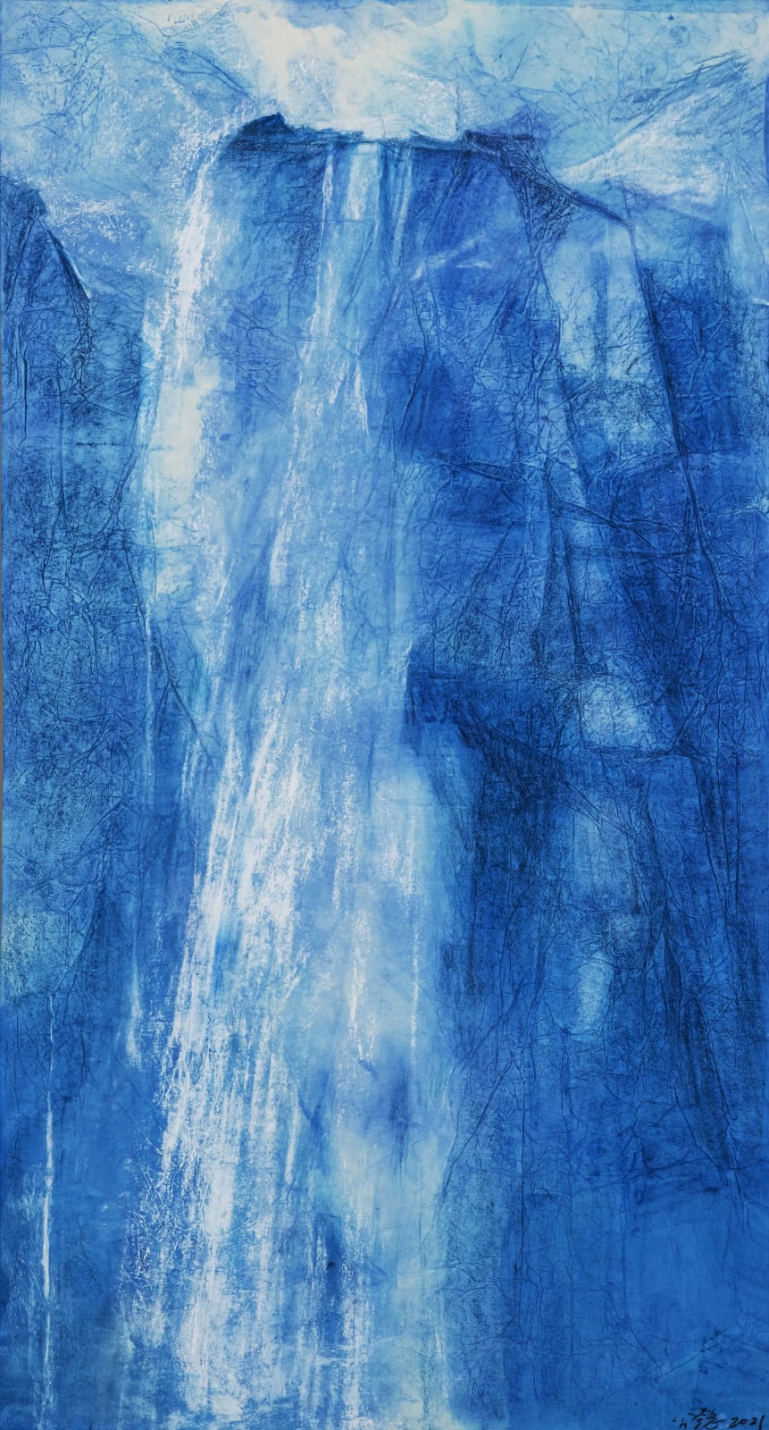 Waterfall Watercolor and Pastel on Raw Xuan Paper 180 x 97 cm, 2021