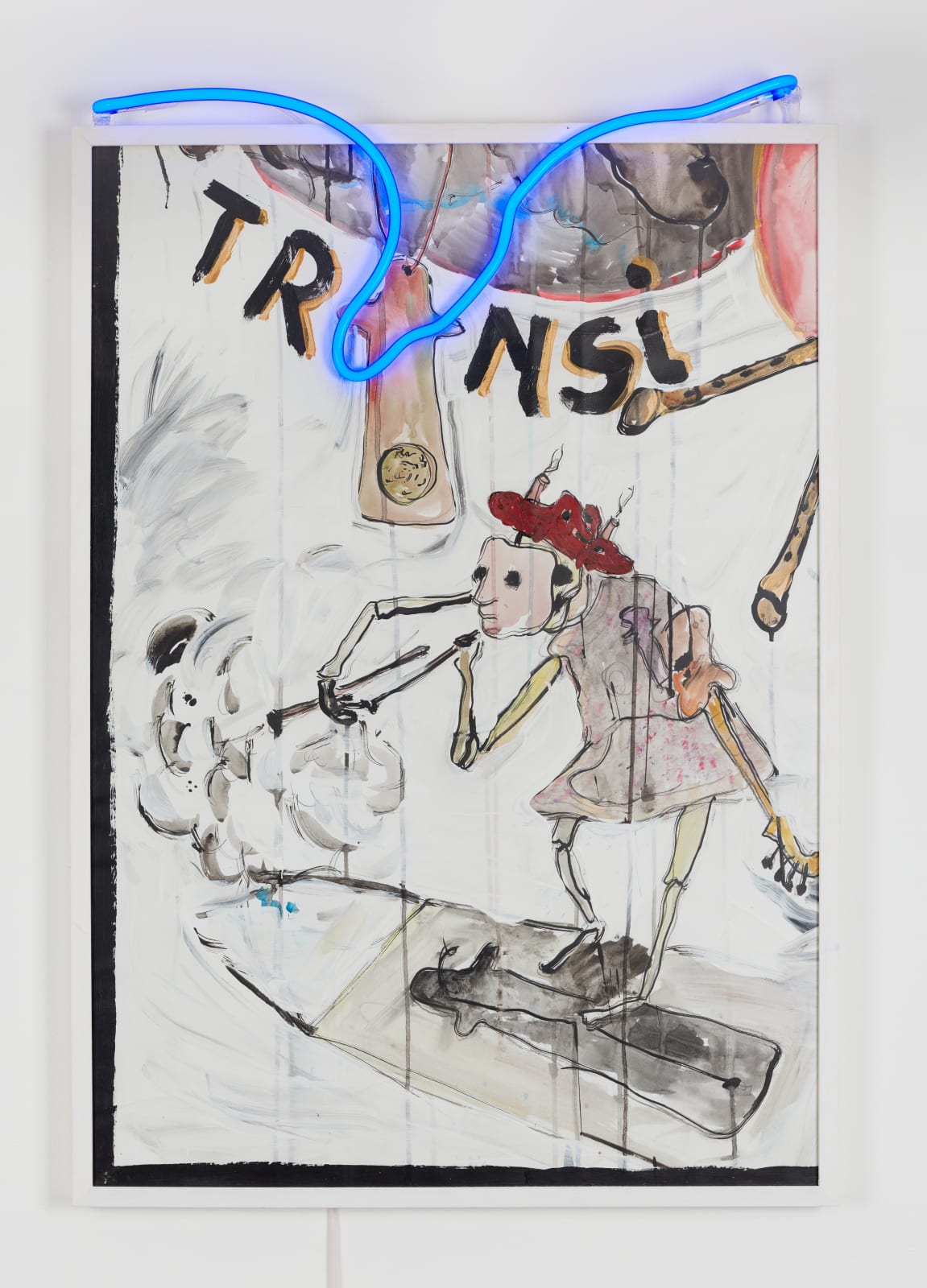 Transi, 2022 Gesso, watercolour and oilpaint on paper, varnish and neon 106 x 73 x 6 cm
