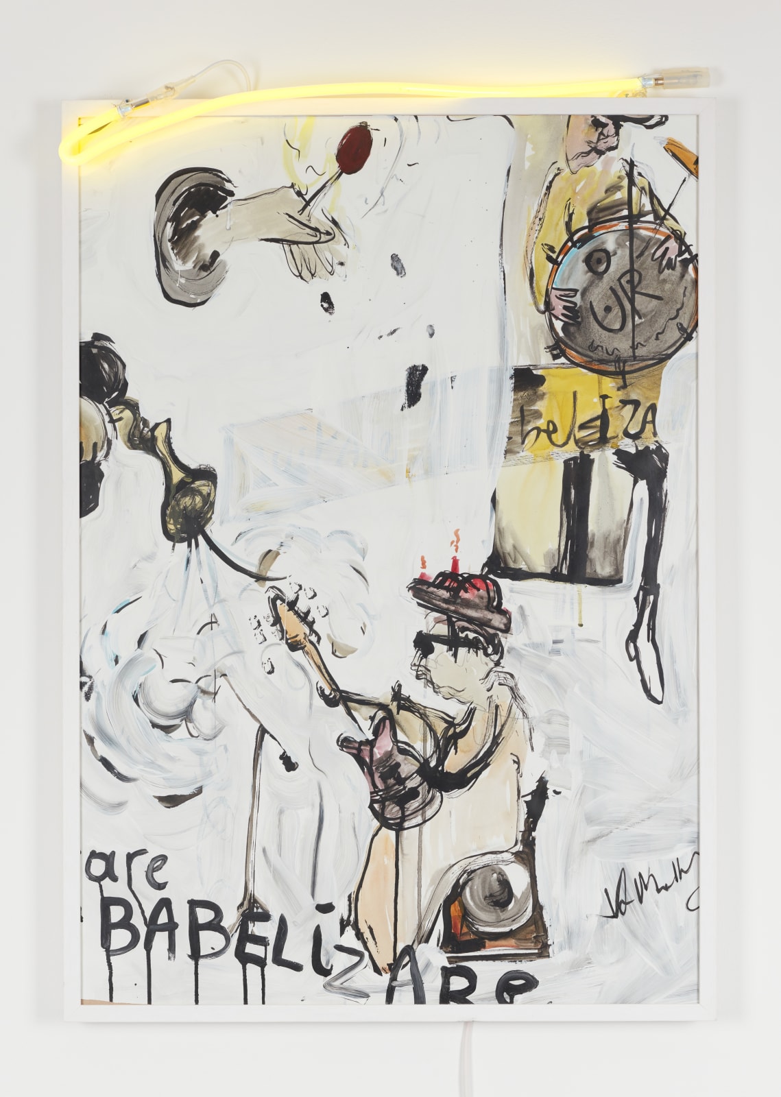 Le trou du fou - Guitare Babelizare ,2022 gesso and watercolour on paper, varnish and neon 104 x 73 x 6 cm