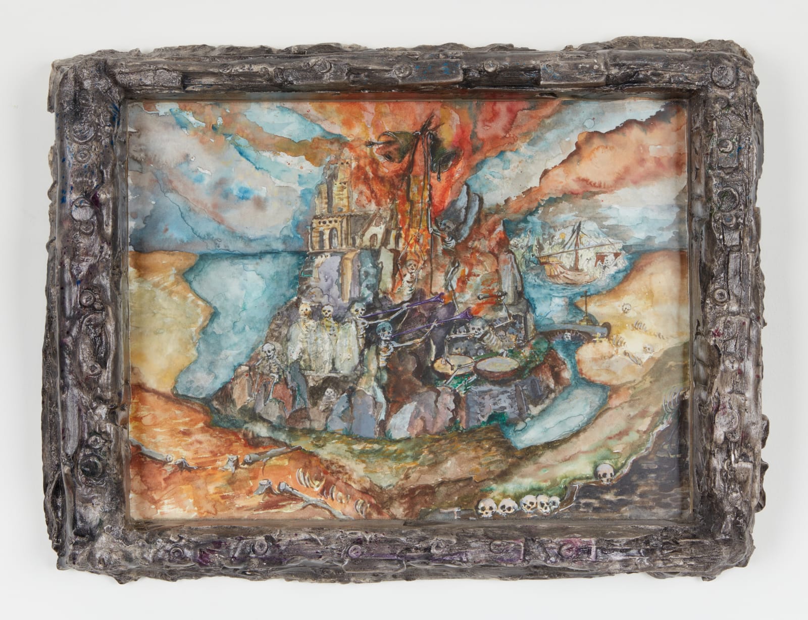 Acne Vulgaris/Babel and triumph of dance of death (after Triumph of Death, and The Tower of Babel, P. Breughel), 2021 Watercolour, UV varnish, glass, plaster frame 39 x 52 x 6,5 cm